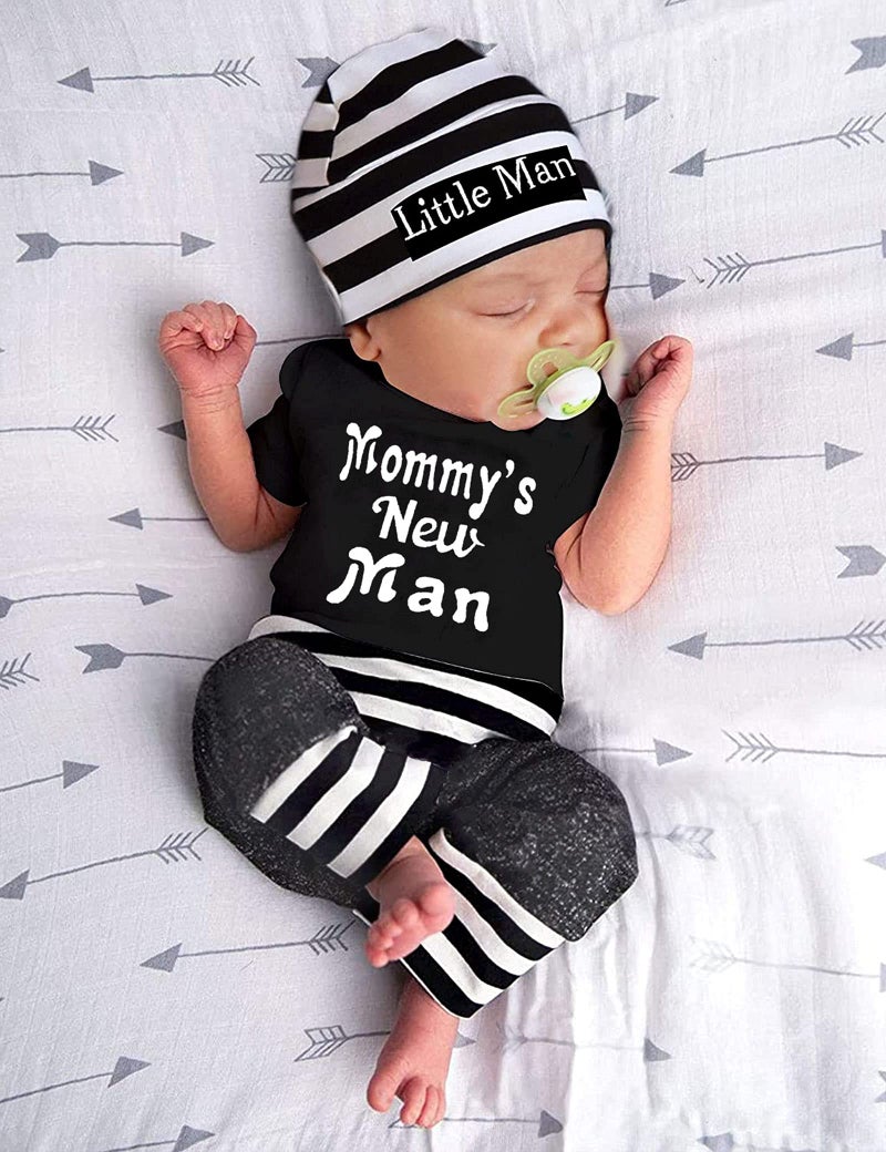 Fommy Newborn Baby Boy Clothes mommy's New Man Letter Print Short Sleeve Romper+Long Pants+Stripe Hat 3PCS Outfits Set 0-3 Months - Image 2